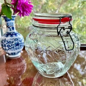 Embossed Glass Clamp Lid Jar with Red Rubber Seal – Fruit and Leaf Design